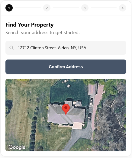 Widget step 1: homeowner searches their address and confirms it on a satellite map