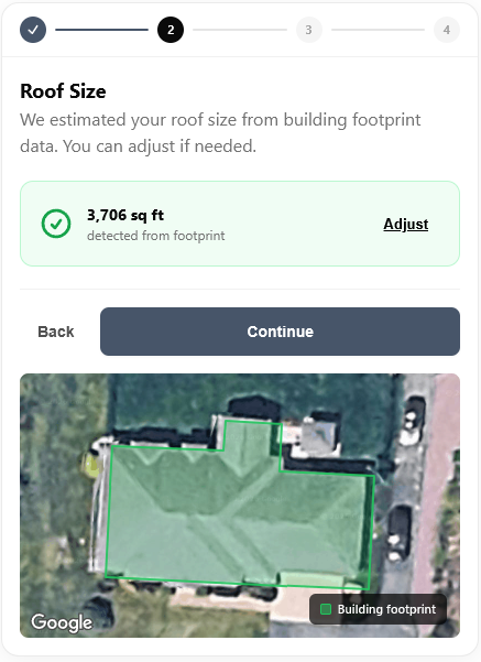 Widget step 2: roof size detected automatically from the building footprint