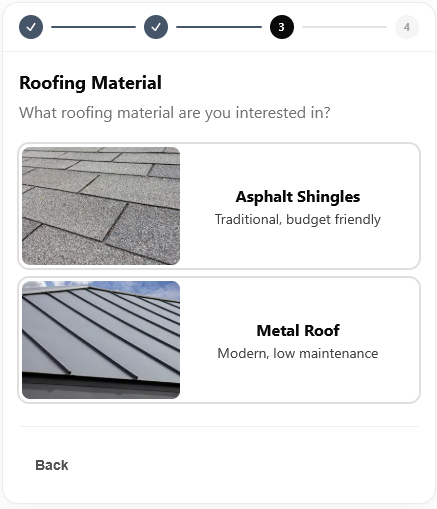 Widget step: homeowner chooses asphalt shingles or metal roofing